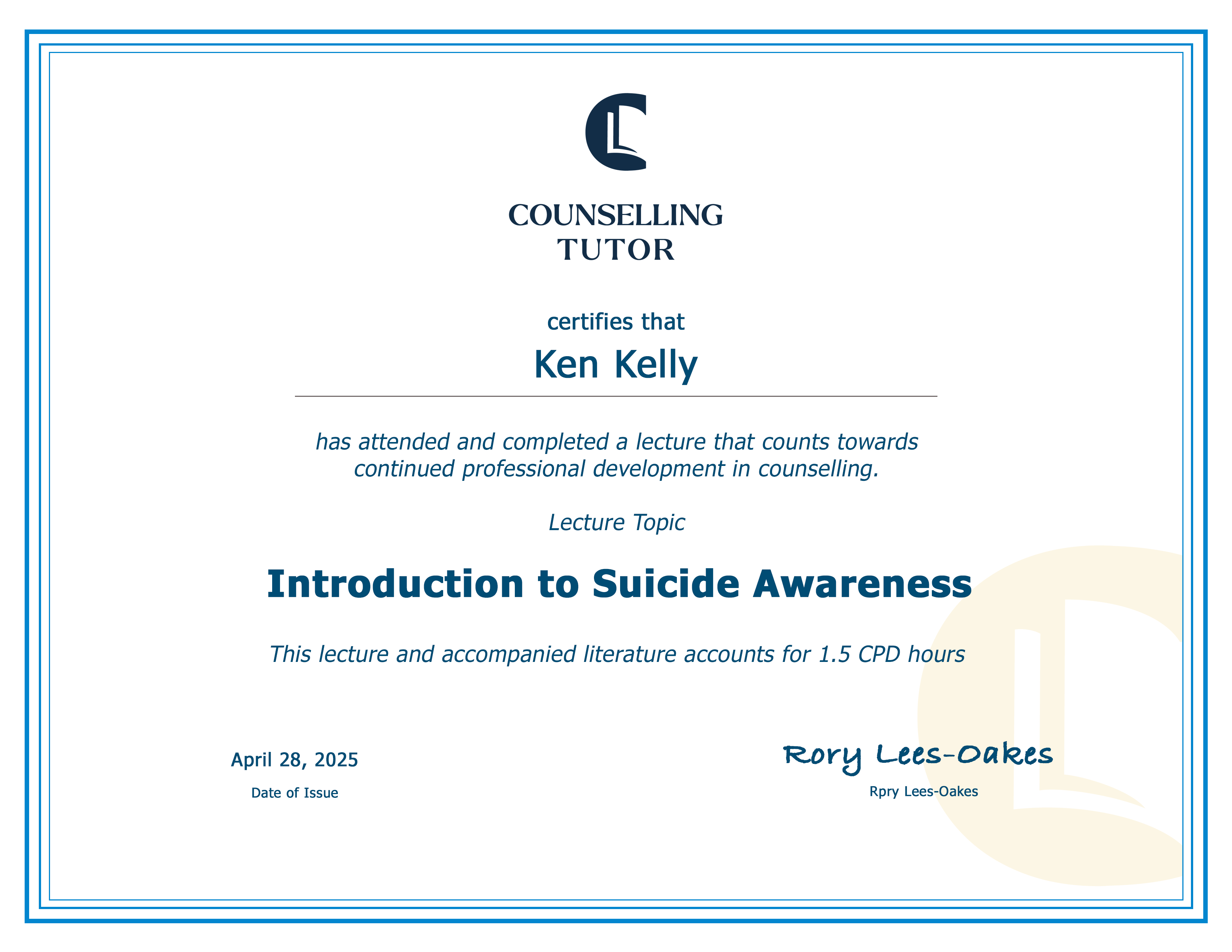 Suicide Awareness CPD Certificate sample